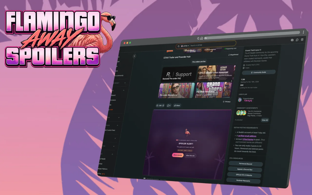 Flamingo Away blocking a GTA 6 spoiler on Reddit in real time